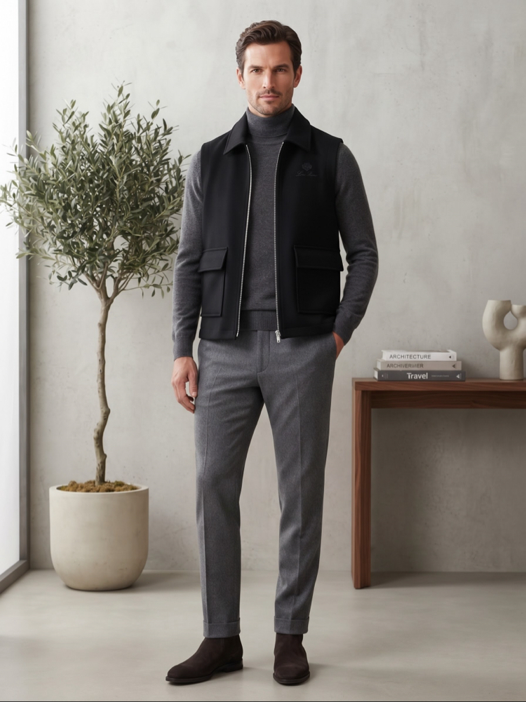 Loro Piana Premium Siyah Fermuarlı Cep Detaylı Yelek