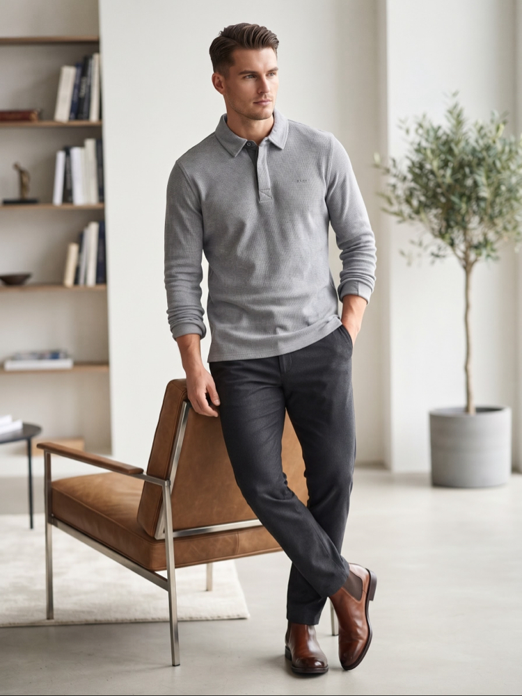 Gant Polo Yaka Dokulu Erkek Sweatshirt - Gri