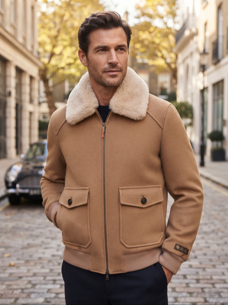 Loro Piana Taba Renk Kürklü Yaka Lüks Bomber Ceket / Mont