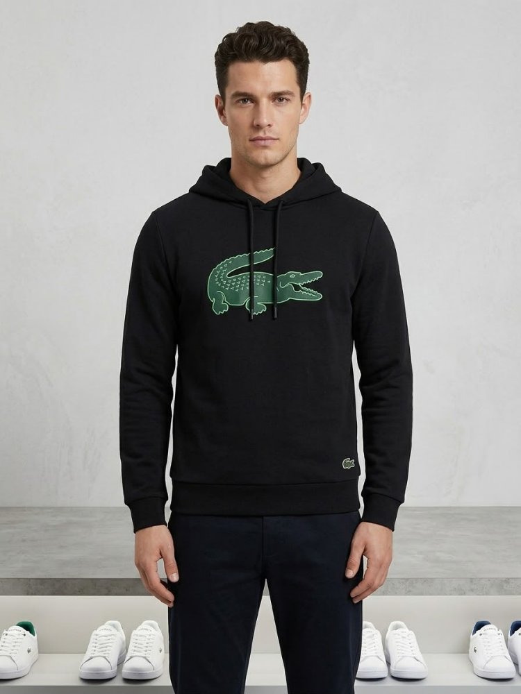 Lacoste Erkek Kapüşonlu Büyük Logo Detaylı Siyah Sweatshirt