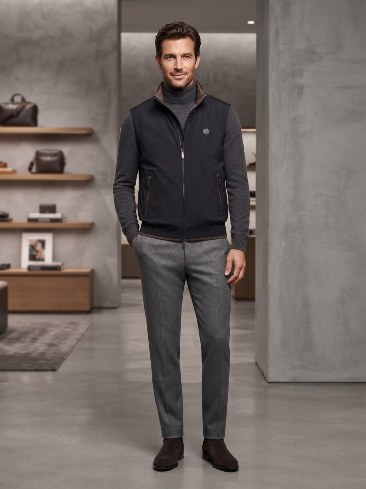 Zegna Premium Siyah Fermuarlı Cep Detaylı Şık Yelek