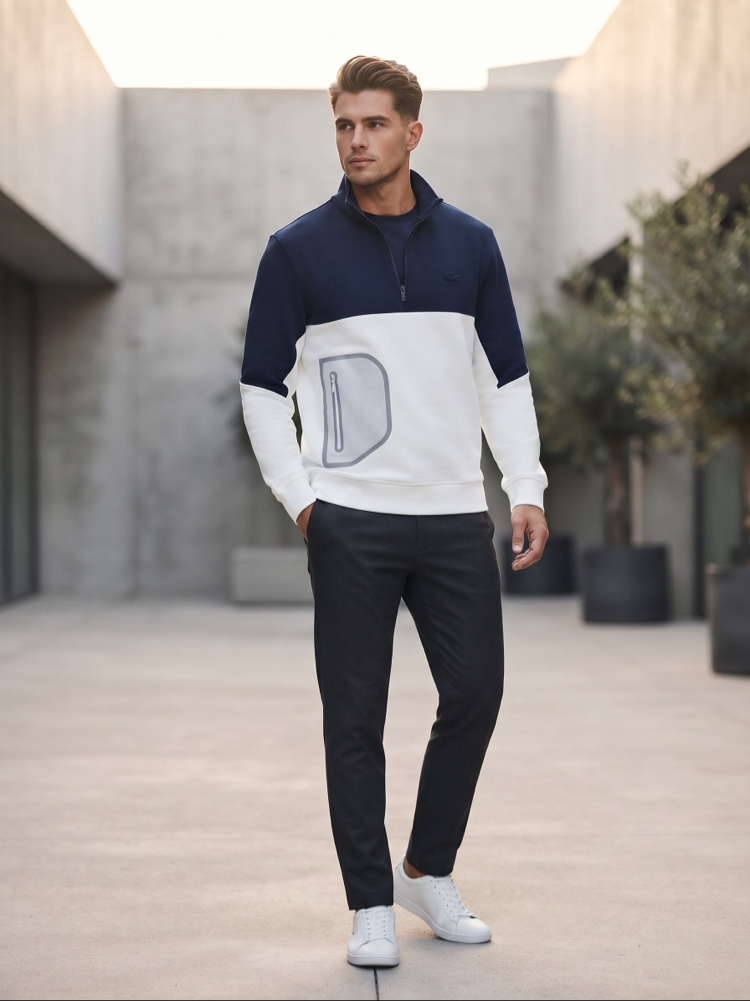 Lacoste Fermuarlı Yaka Renk Bloklu Erkek Sweatshirt - Lacivert/Beyaz