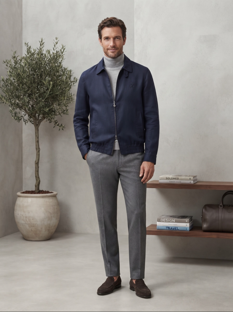 Brunello Cucinelli Premium Lacivert Keten-Yün Ceket
