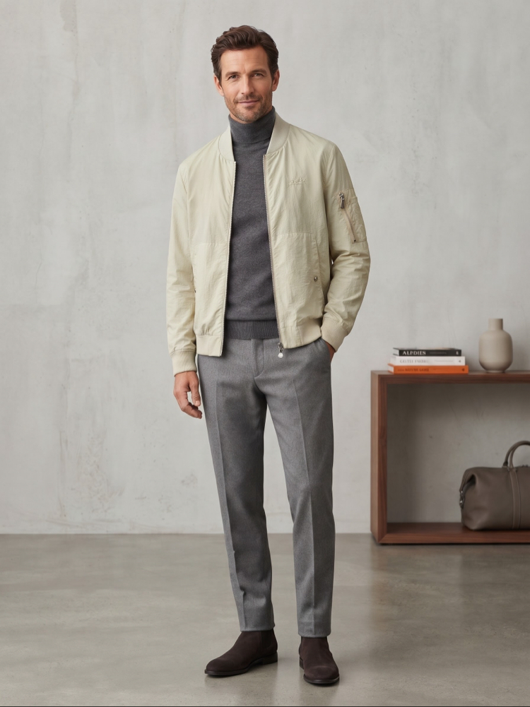 Hermès Premium Bej Fermuarlı Bomber Ceket