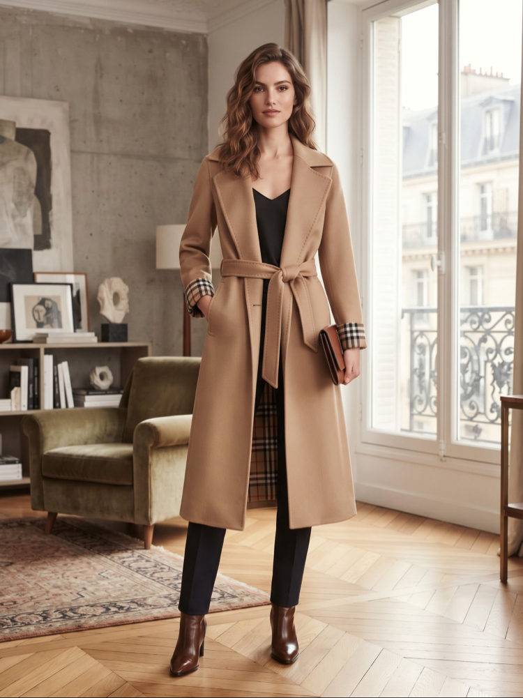 Burberry Bej Kuşaklı ve Uzun Kaşe Kaban / Palto