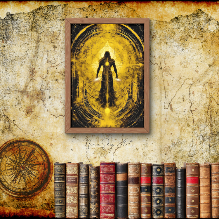 Mystical Yellow Cosmic Warrior — Premium Dark Academia Sacred Art by SoulAnchor