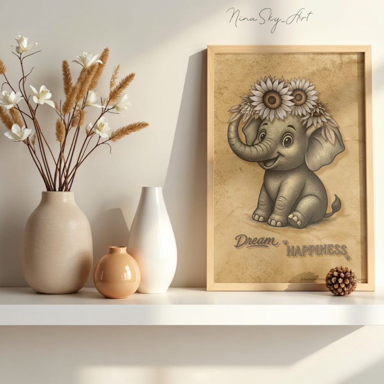 Dream Happiness Elephant — Vintage Kraft Premium Printable Art
