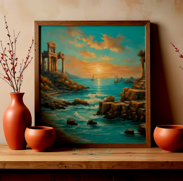 Sunset Yachting Near Ancient Ruins Panel 3 — Premium Printable Art