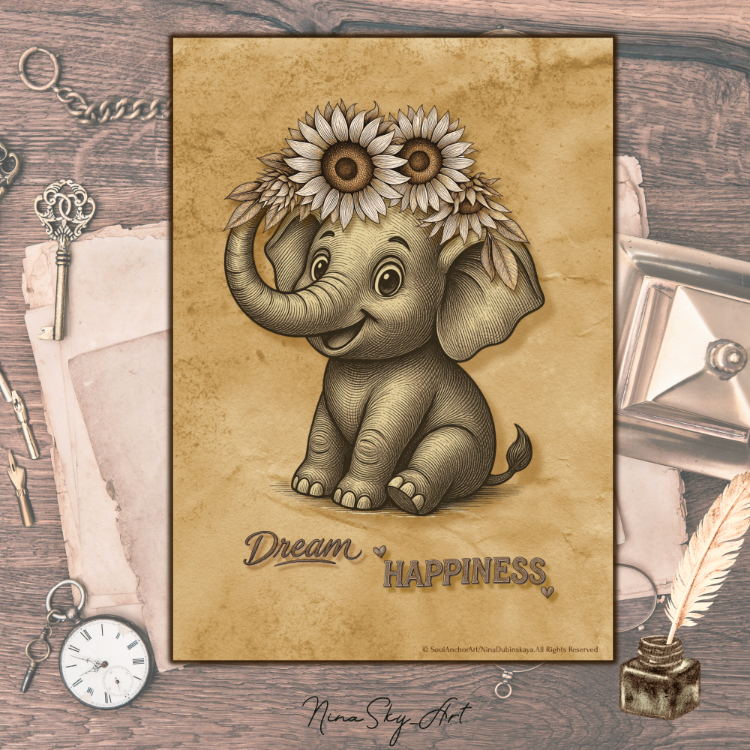 Dream Happiness Elephant — Vintage Kraft Premium Printable Art