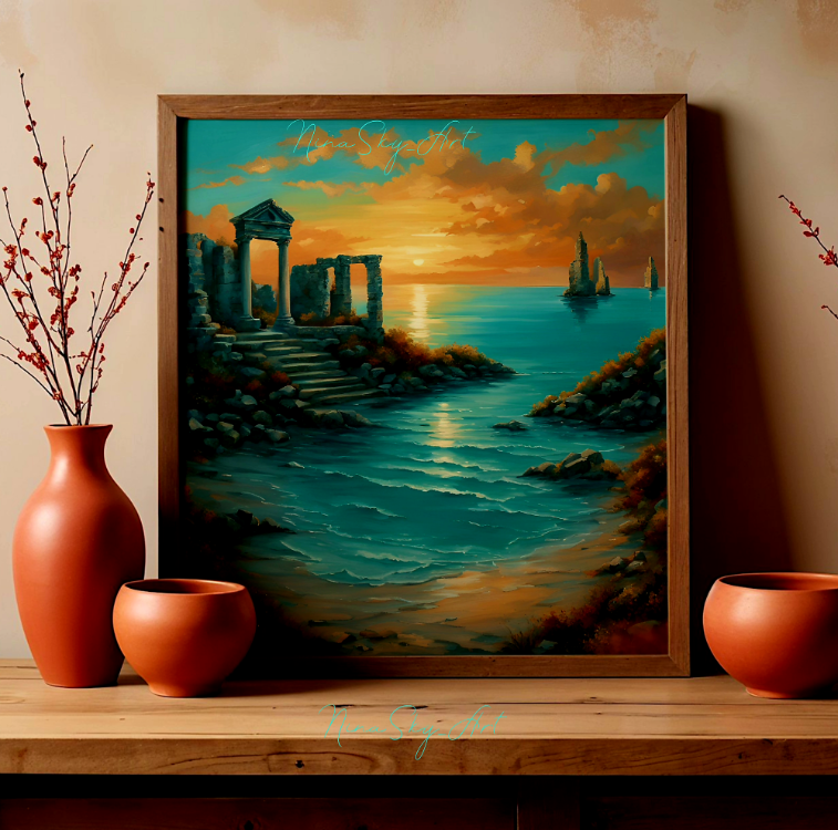 Turquoise Mediterranean Ancient Sunset Panel 4 — Premium Printable Art