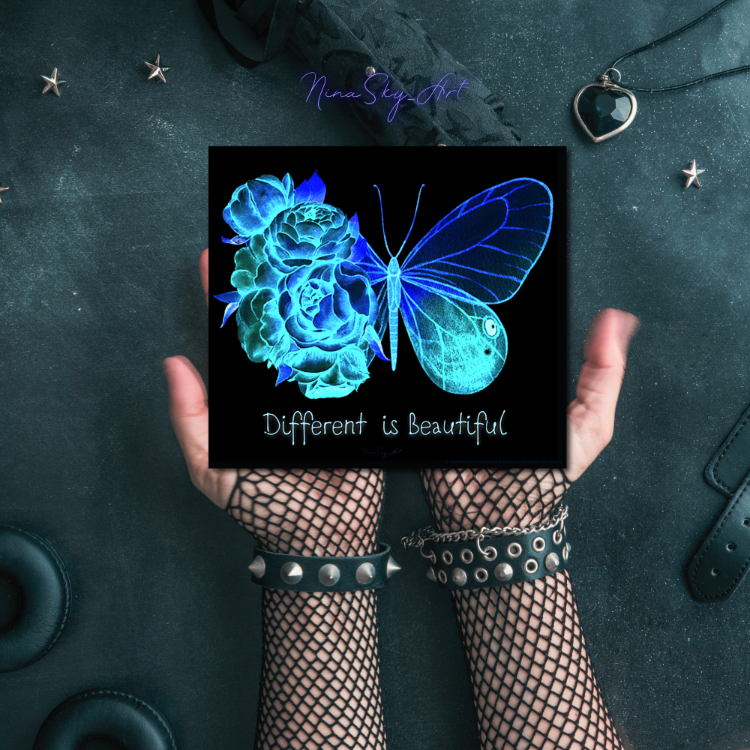 Different Is Beautiful Blue Butterfly — Premium Horizontal Cyber Goth Art by SoulAnchor