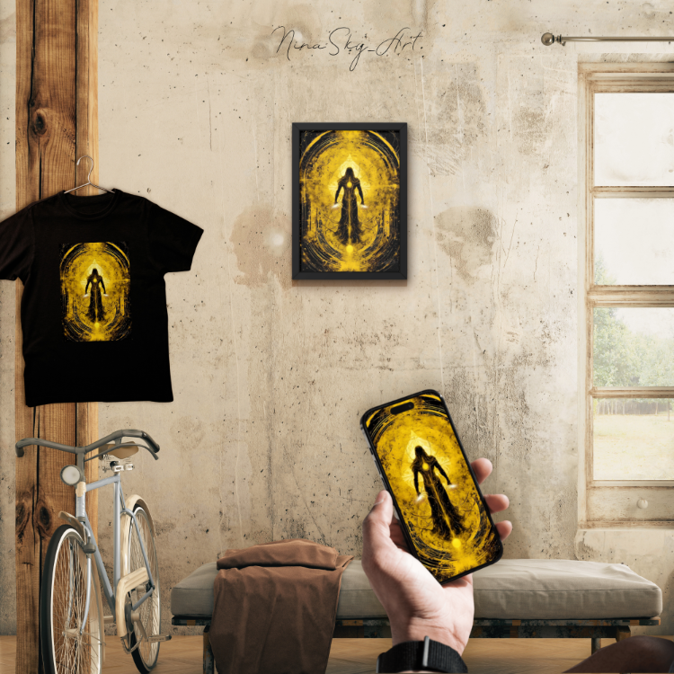 Mystical Yellow Cosmic Warrior — Premium Dark Academia Sacred Art by SoulAnchor
