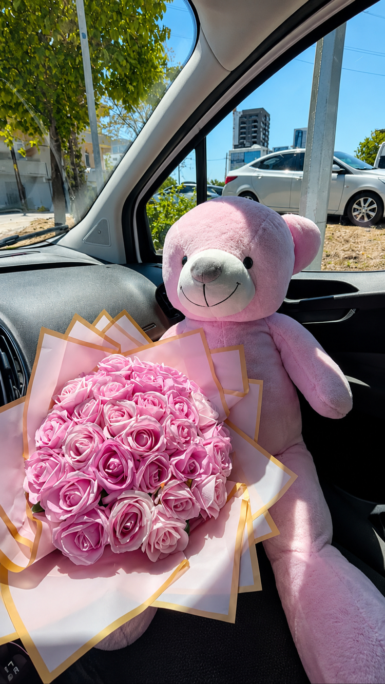 1 Metre Peluş Ayı + Dev Pembe Gül Buket’i