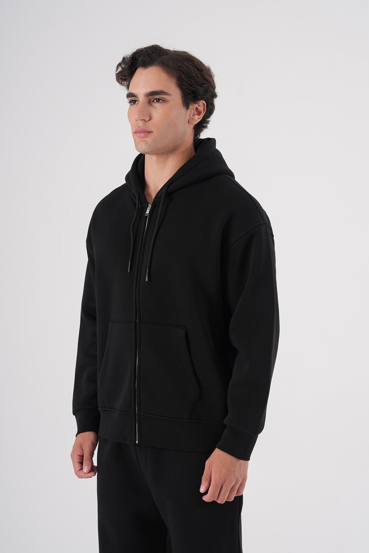 Fermuarlı Kapüşonlu Hoodie Sweatshirt Siyah