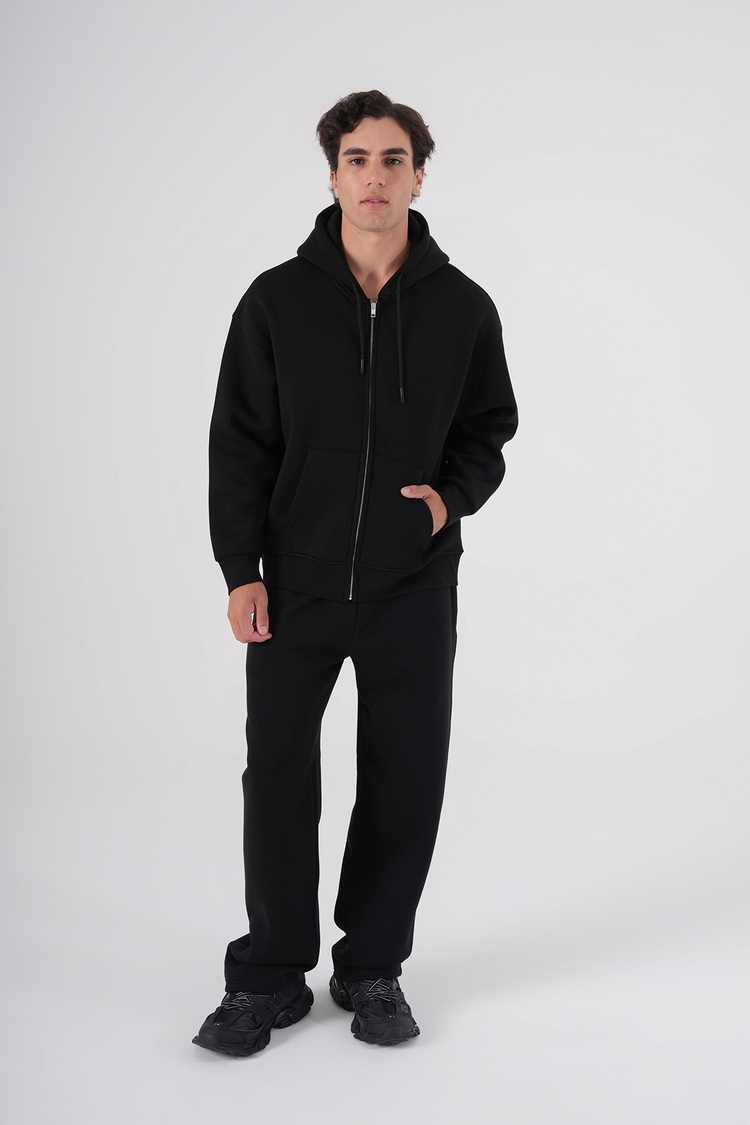 Fermuarlı Kapüşonlu Hoodie Sweatshirt Siyah