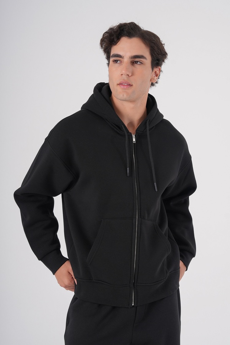 Fermuarlı Kapüşonlu Hoodie Sweatshirt Siyah