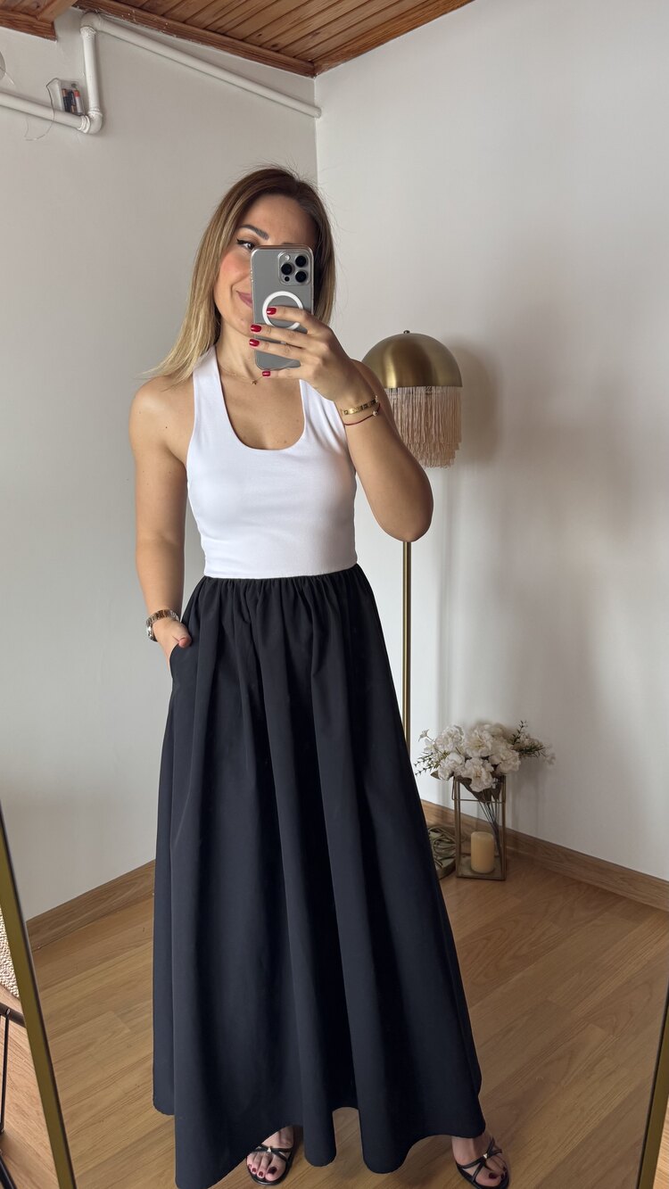 Halter yaka cepli maxi elbise