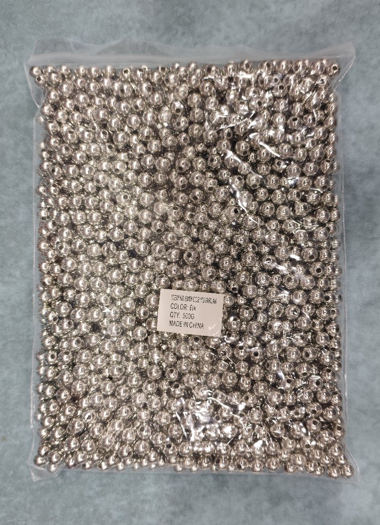 8 mm metalik gümüş görünümlü akrilik boncuk 500 gram paket