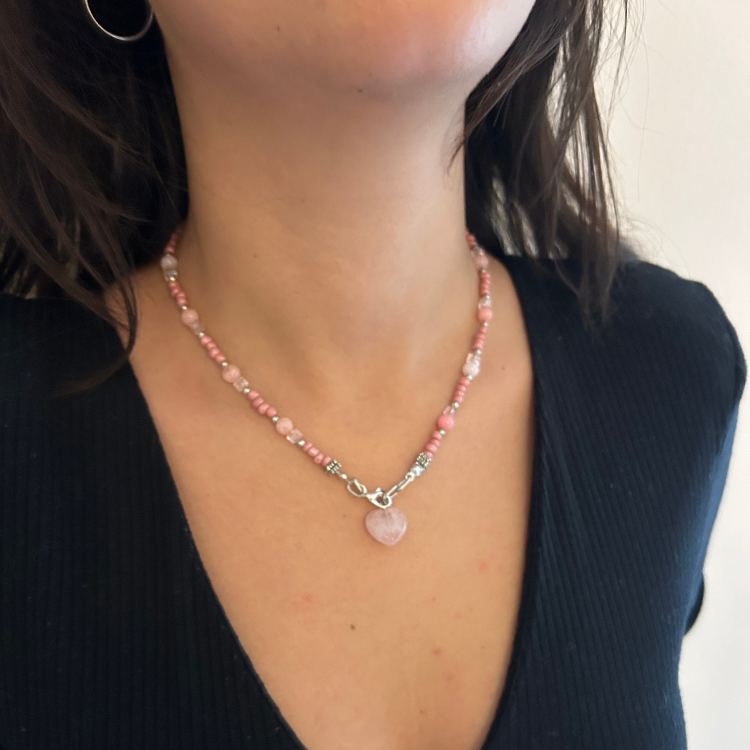 Pembe Kuvars Doğal Taş Kristal Boncuk Silver Aksesuar El Yapımı Minimal Kadın Kolye