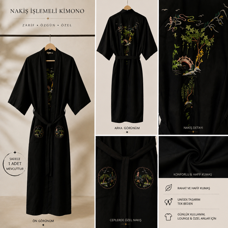 Unisex Siyah Nakışlı Kimono