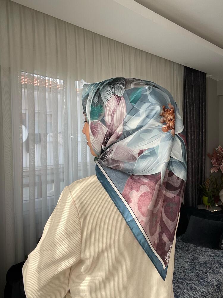 Levidor Desenli Twill İpek Eşarp - Mavi