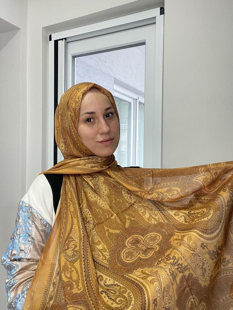 Luvensara Desenli Ipek Şal Pd1 - Hardal