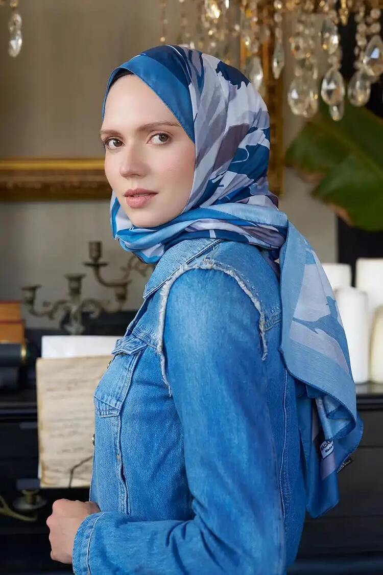 Madame Polo - Seremoni Koleksiyonu Pure Desen Şal - Kot Mavisi