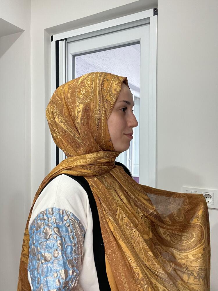 Luvensara Desenli Ipek Şal Pd1 - Hardal