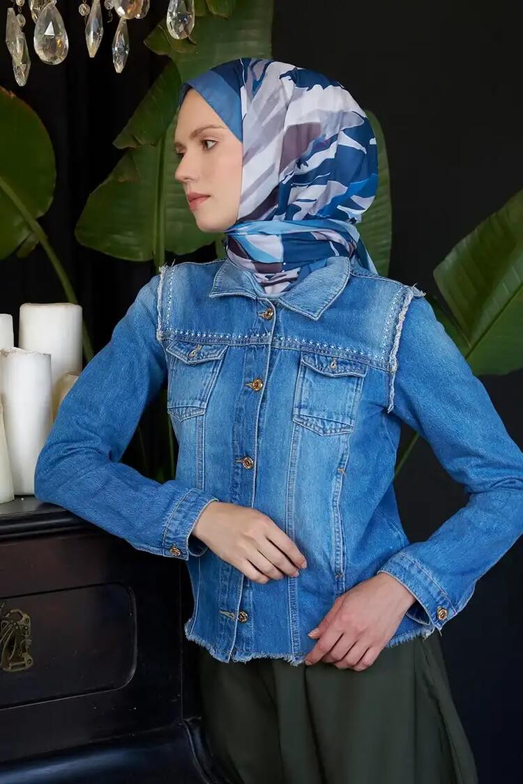 Madame Polo - Seremoni Koleksiyonu Pure Desen Şal - Kot Mavisi
