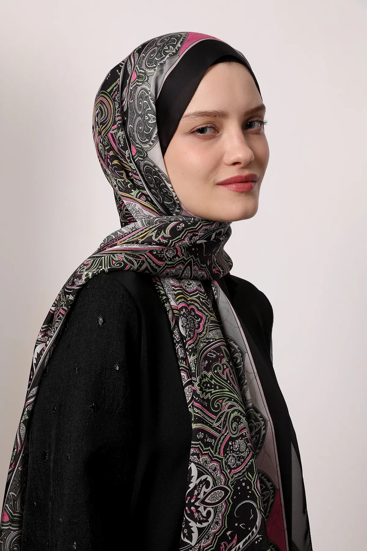 Luvensara - Hint ipeği Şal D.3 - Siyah/Pembe