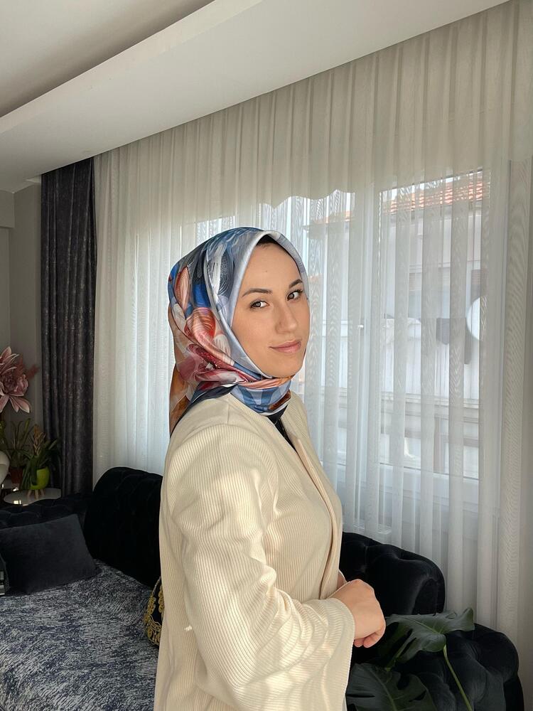 Levidor Desenli Twill İpek Eşarp - Turuncu/Mavi