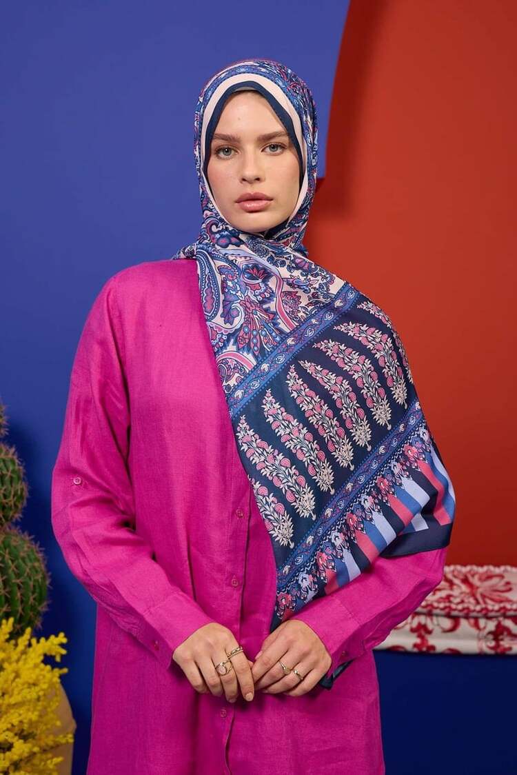 İpekhan Marrakech Koleksiyon Soft Şal 3049 - Gece Mavisi Pembe 10