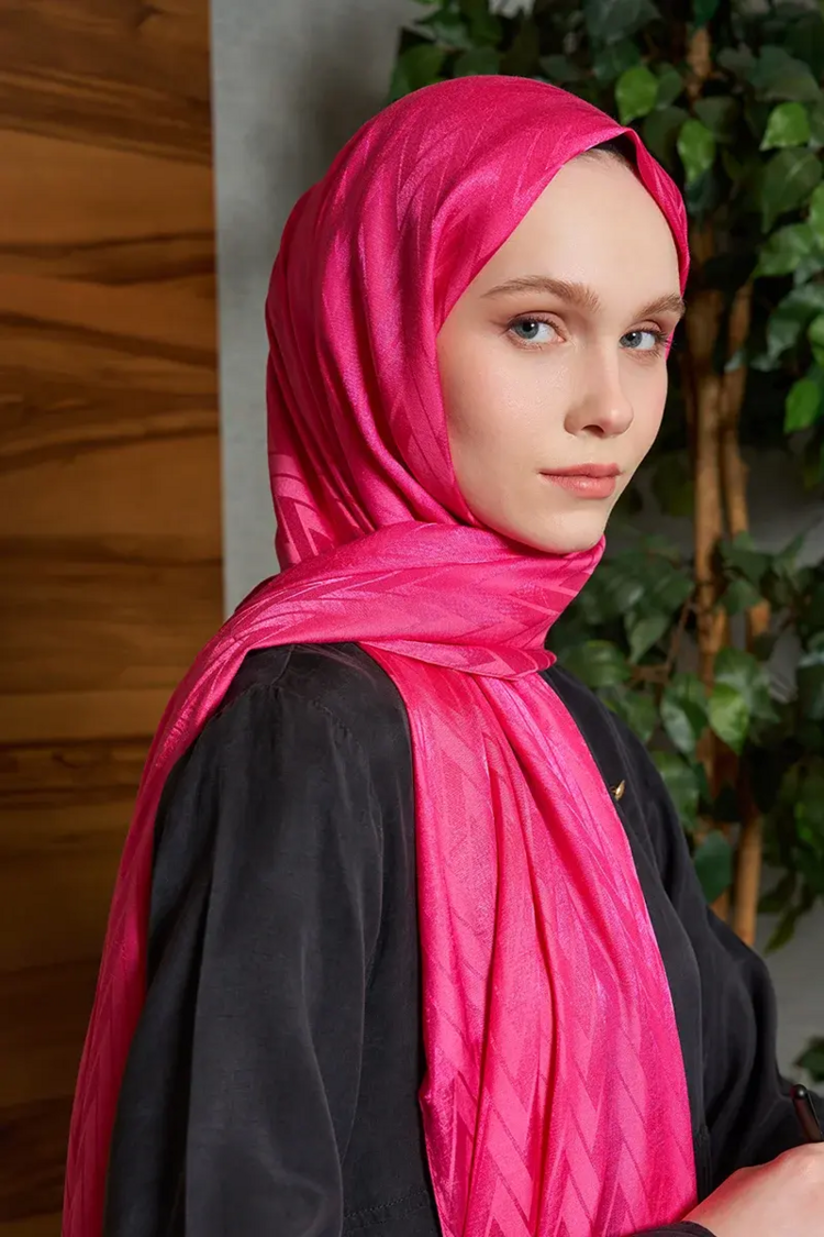 Madame Polo - İpeksi Jakar İtalyan Şal Chevron Desen - Fuşya 
