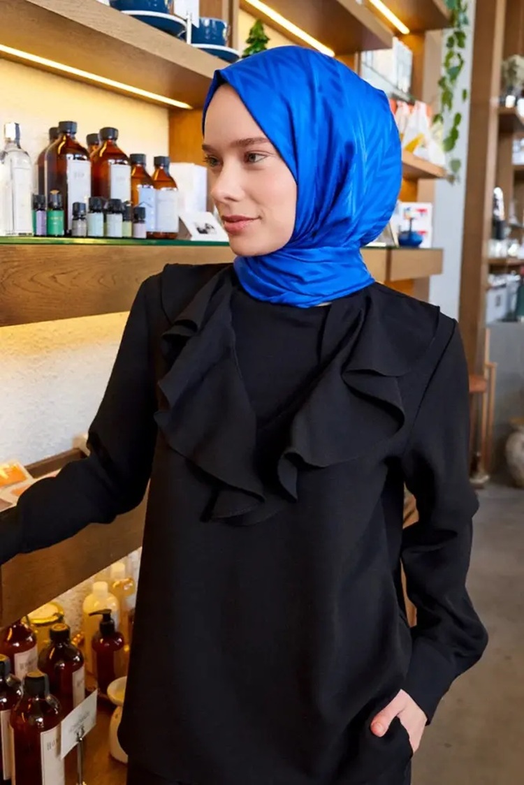 Madame Polo İpeksi Jakar Lisa Şal Zikzak Desen - Saks Mavi