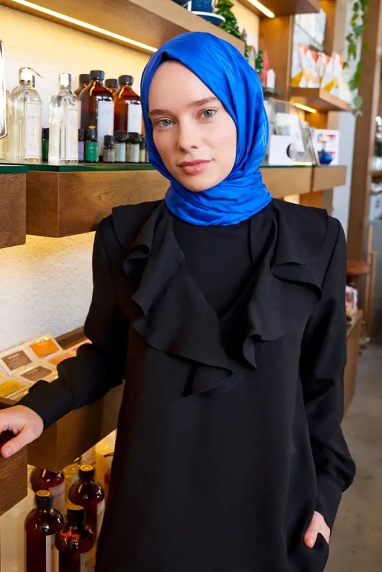 Madame Polo İpeksi Jakar Lisa Şal Zikzak Desen - Saks Mavi