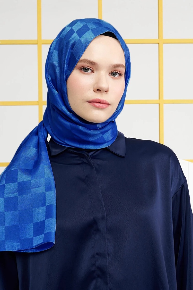Madame Polo İpeksi Jakar Italyan Şal Dama Desen - Saks Mavisi