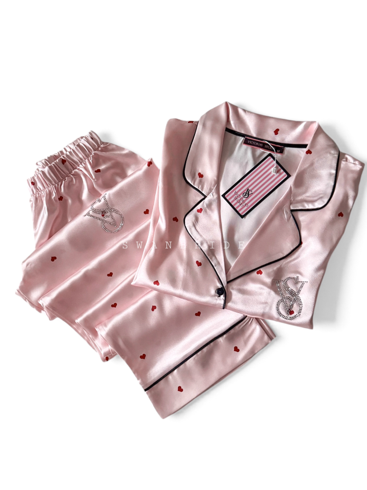 VS Pudra Kırmızı Kalpli Saten Uzun Kollu Pijama Seti