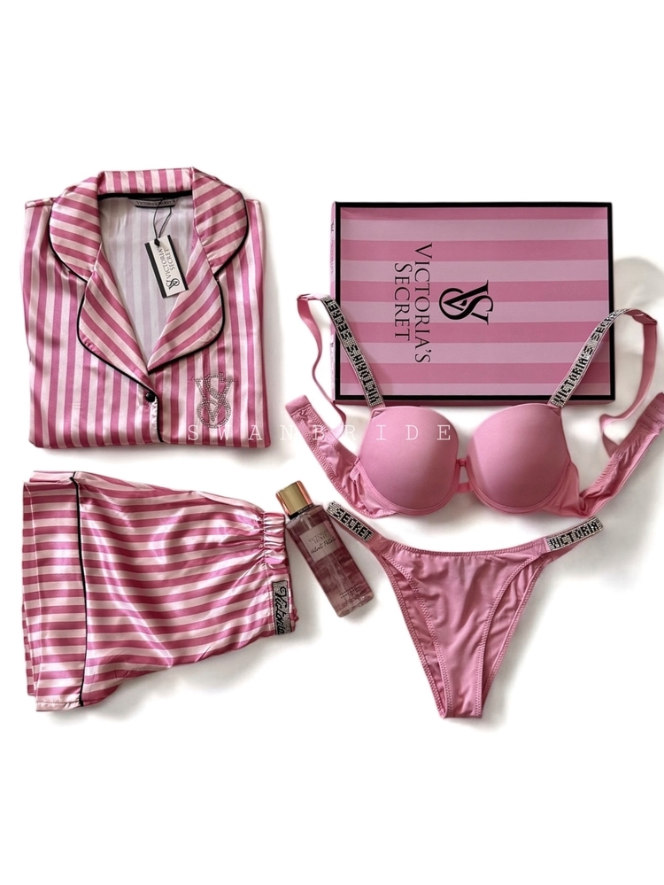 Victoria’s Secret Fuşya Çizgili Kısa Kol Şortlu Saten Tam Set