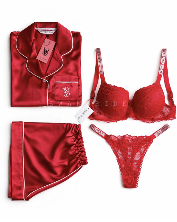 Victoria’s Secret Kırmızı Saten Şortlu Pijama Seti