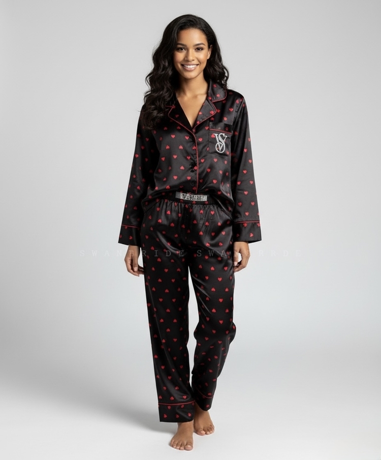 SW0104- Victoria’s Secret Red Heart Uzun Kollu Saten Pijama Takımı