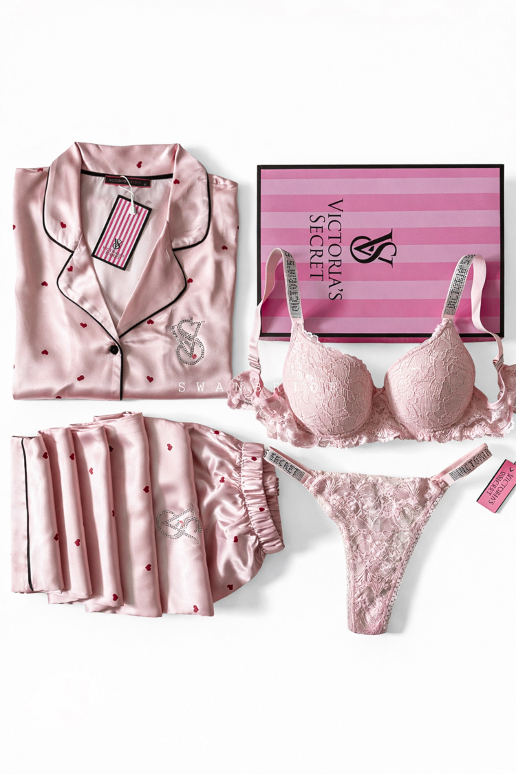VS Pudra Kırmızı Kalpli Saten Uzun Kollu Pijama Seti
