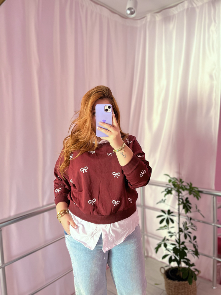 Fiyonk desenli bordo sweat