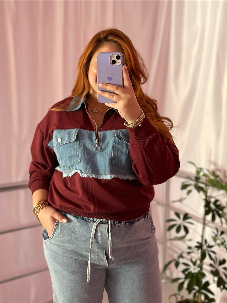 Kot detaylı bordo sweat