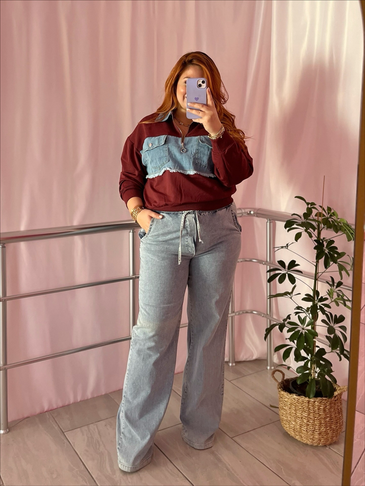Kot detaylı bordo sweat