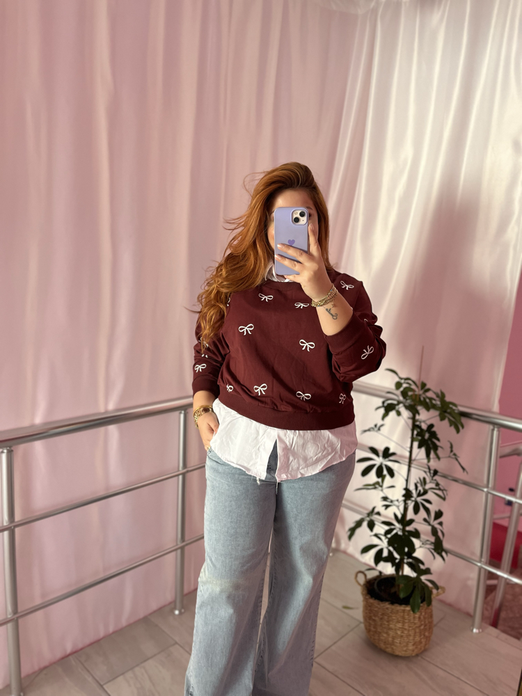 Fiyonk desenli bordo sweat
