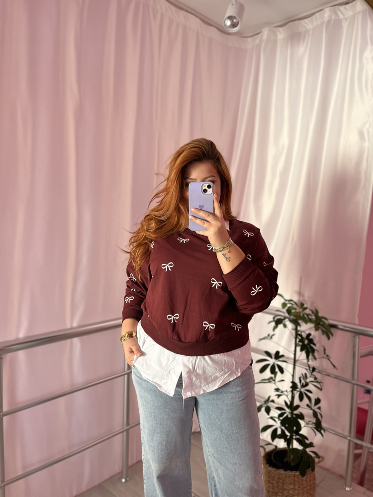 Fiyonk desenli bordo sweat