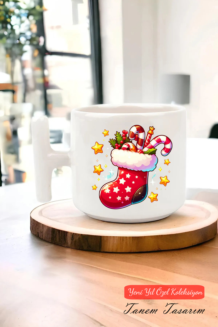 Yeni Yıl Yılbaşı Noel Tasarımlı T Kulp Seramik Kupa