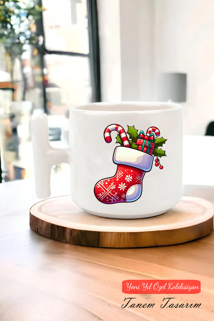 Yeni Yıl Yılbaşı Noel Tasarımlı T Kulp Seramik Kupa