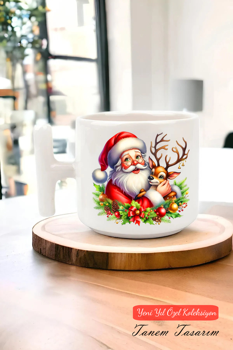 Yeni Yıl Yılbaşı Noel Tasarımlı T Kulp Seramik Kupa