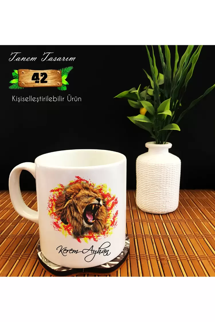 Sarı Kırmızı Aslan (Kişiye Özel tasarım İsim Yazılabilir.) Beyaz Kupa